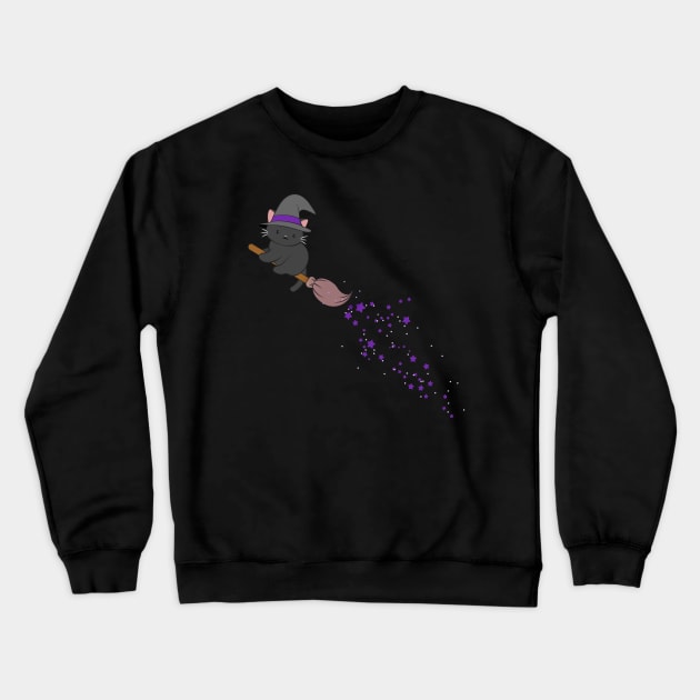 Kawaii Black Cat Witch on Purple Star Broom Crewneck Sweatshirt by Irene Koh Studio